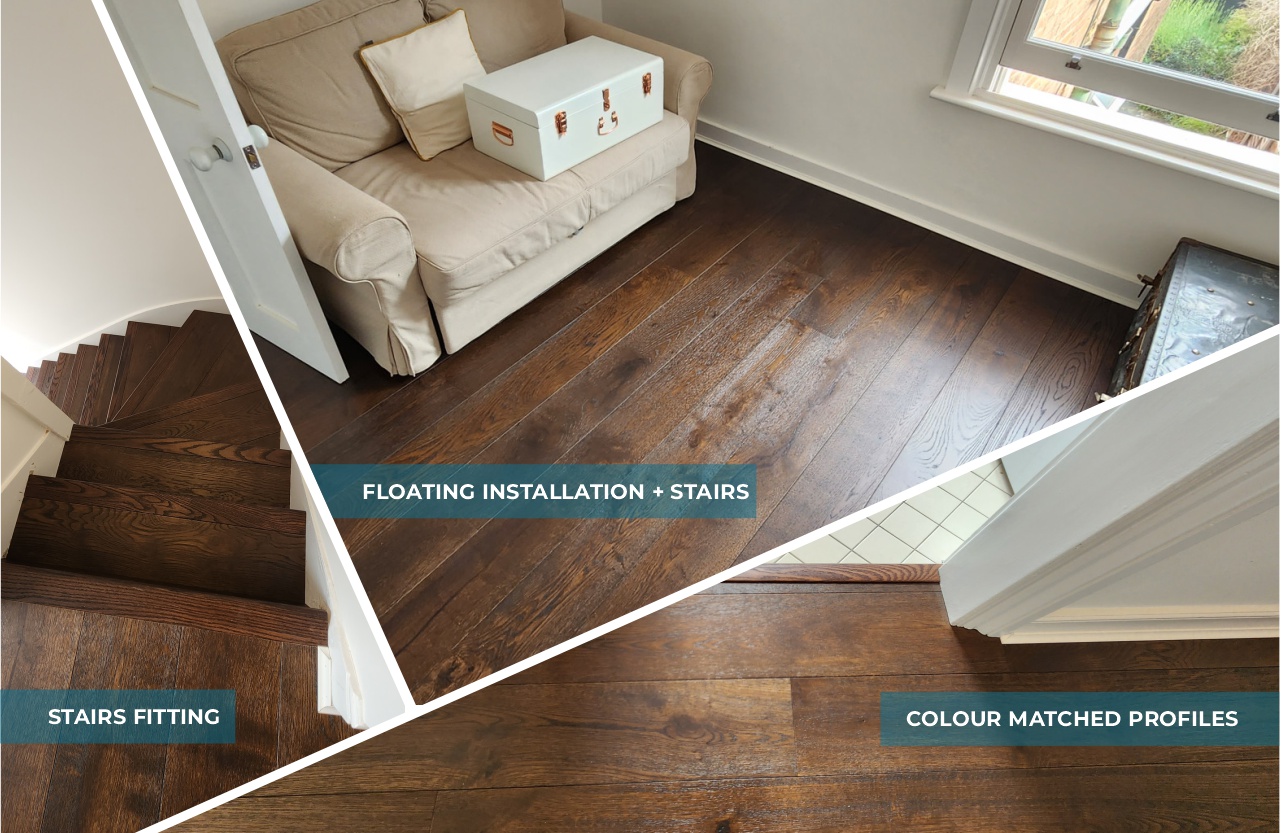 Dark Oak Flooring Installation with Stairs Fitting