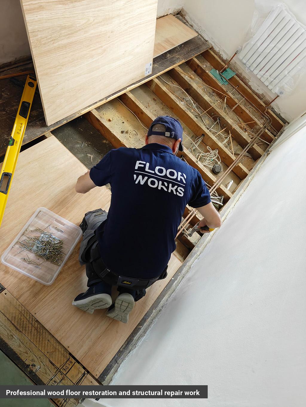 Professional wood floor restoration and structural repair work