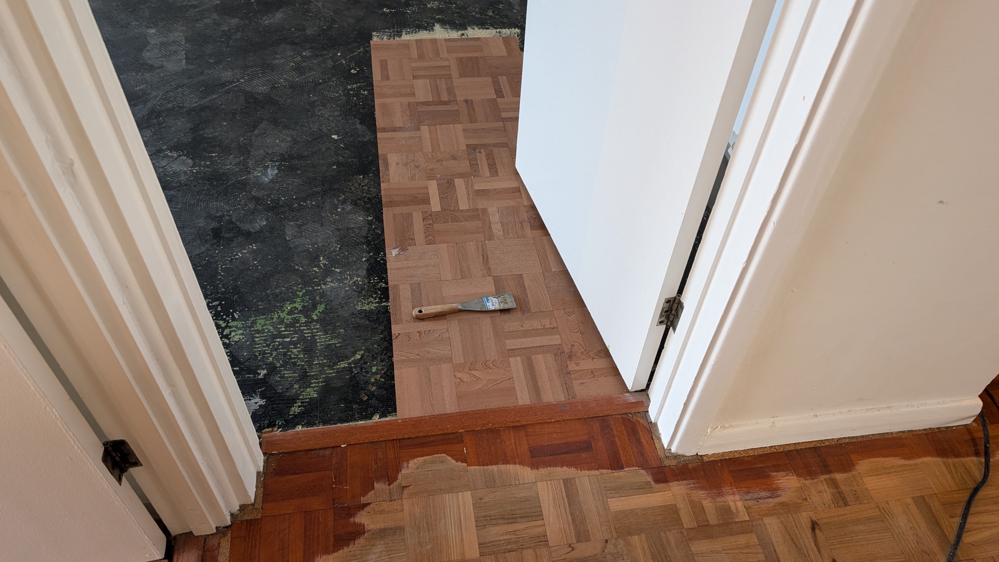Mosaic parquet fingers restoration in progress - Blackheath
