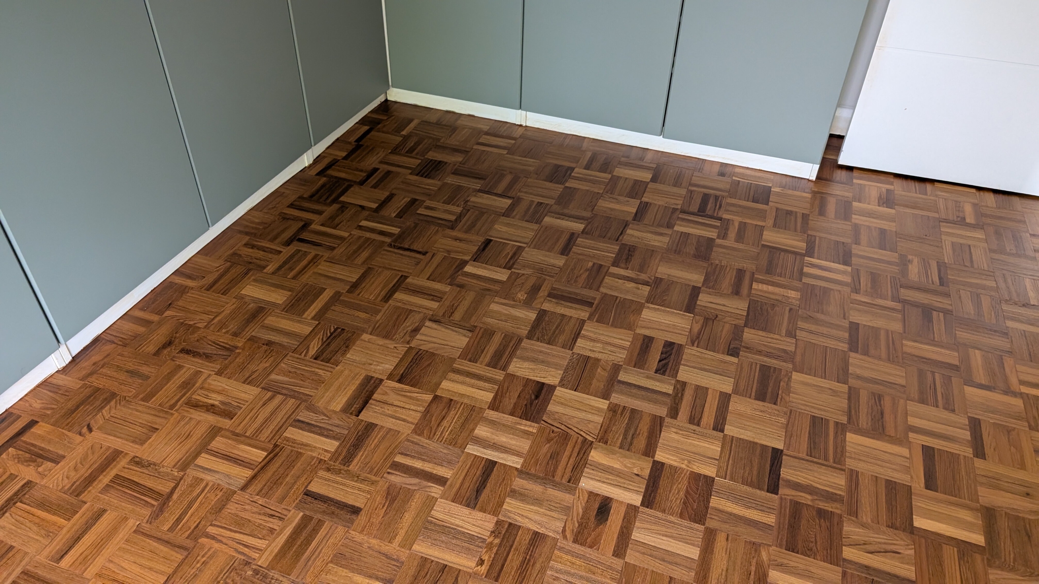 Teak mosaic fingers flooring restoration - West Byfleet