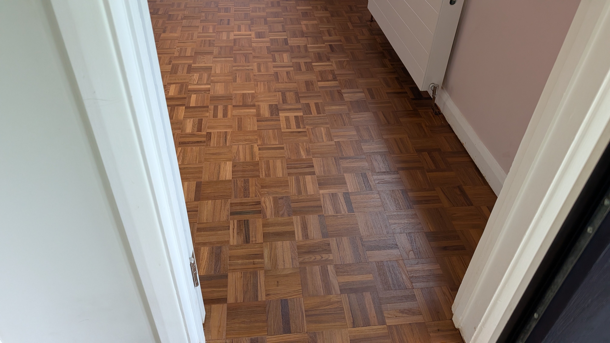 Restored teak parquet floor - West Byfleet
