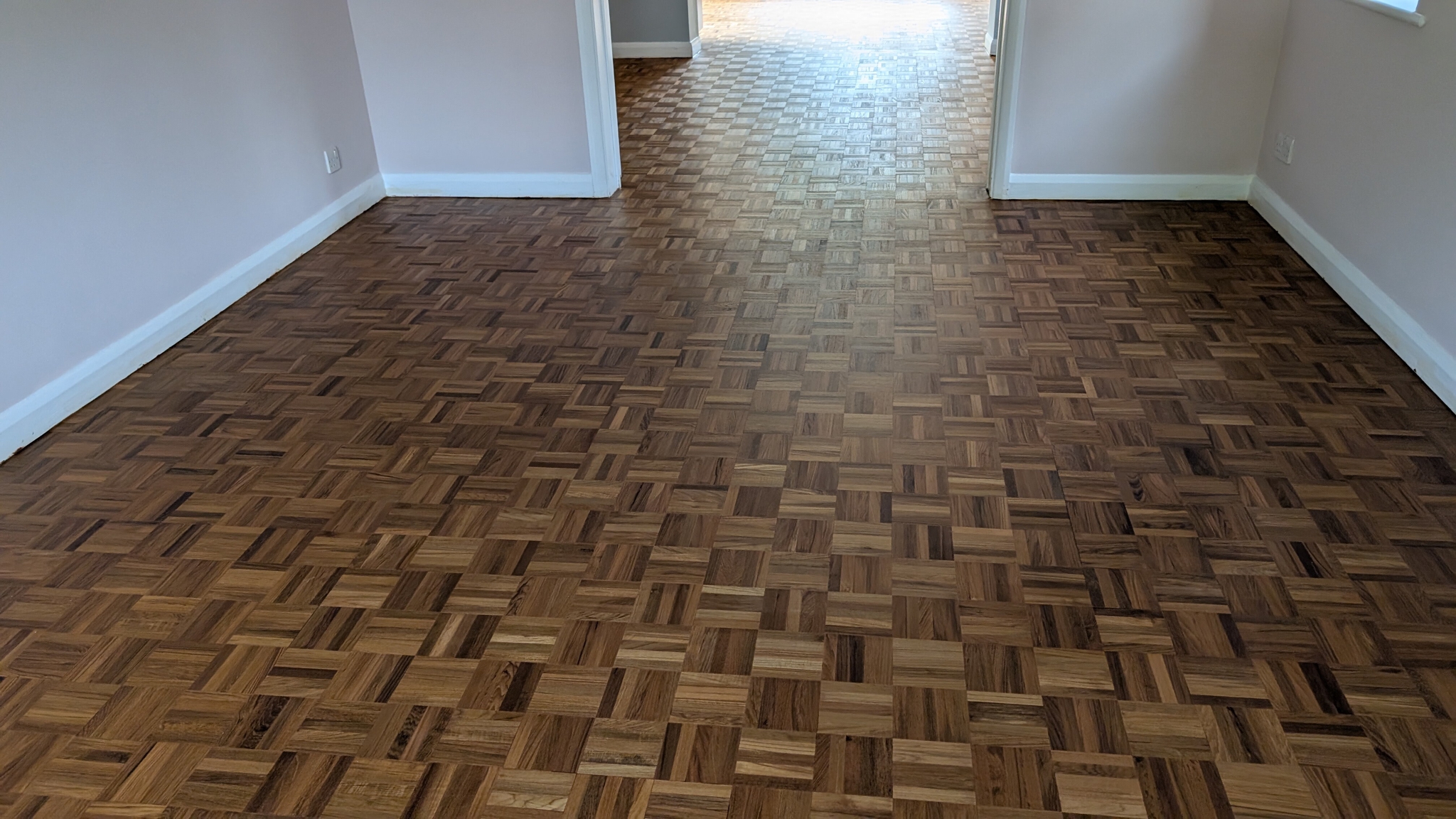 Teak mosaic fingers flooring restoration - West Byfleet