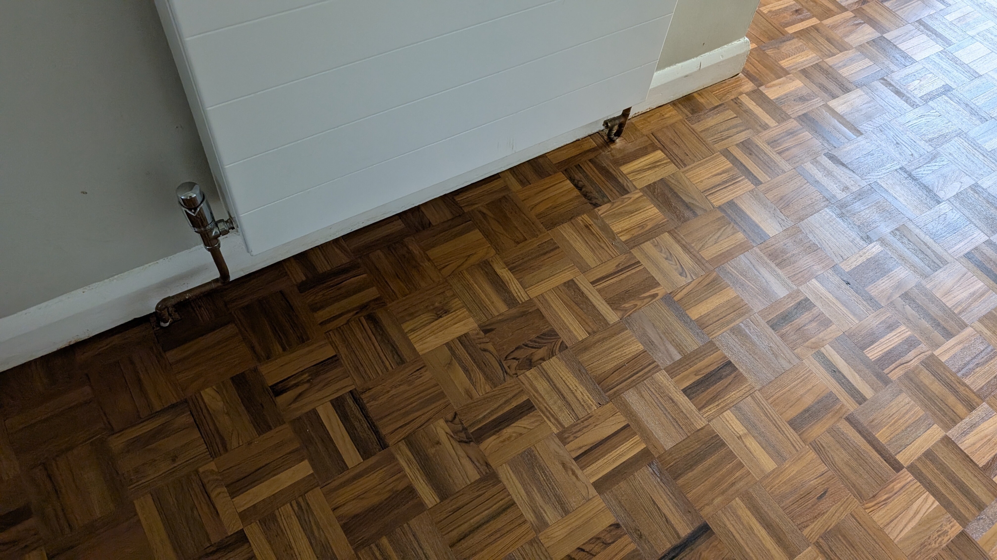Teak mosaic fingers flooring restoration - West Byfleet