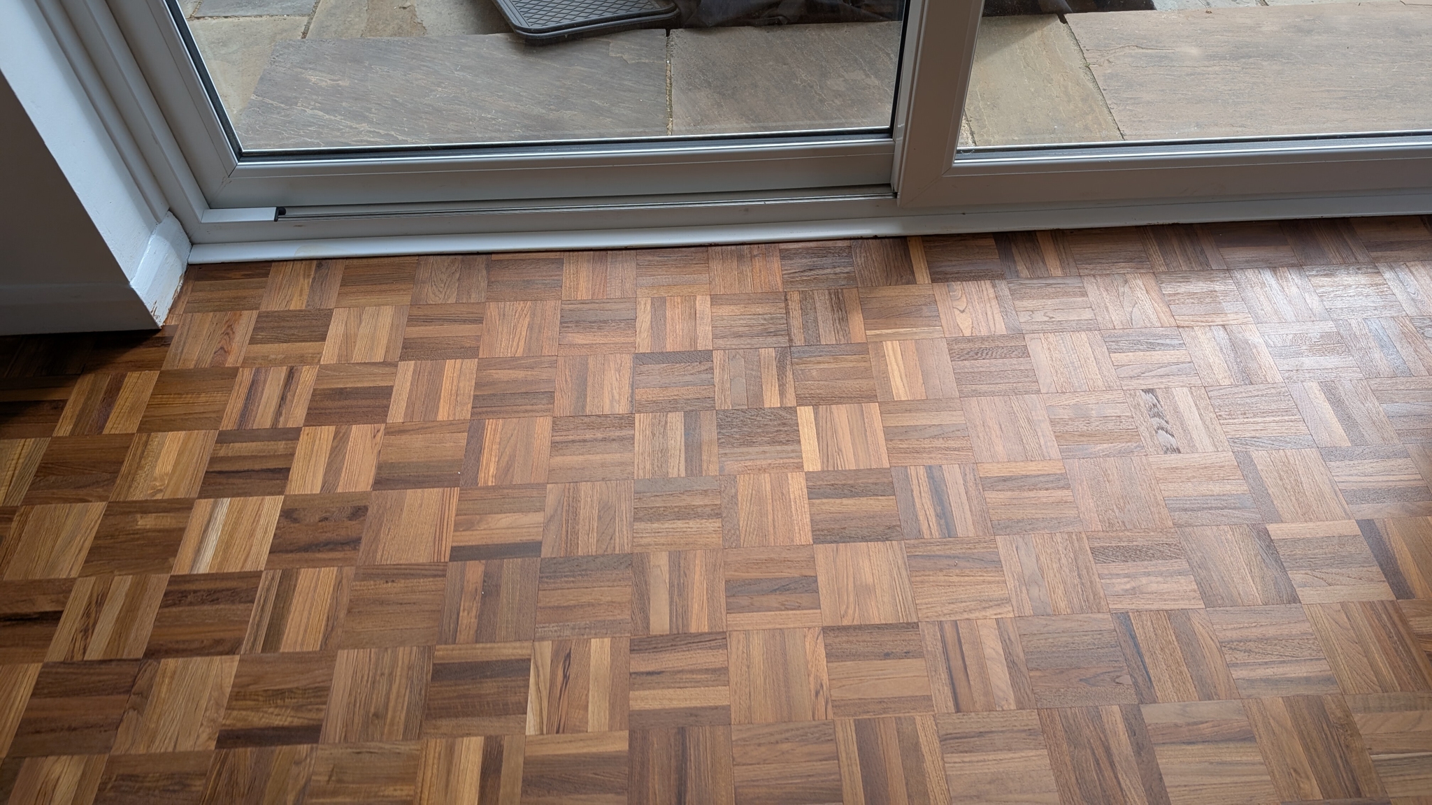Teak mosaic fingers flooring restoration - West Byfleet