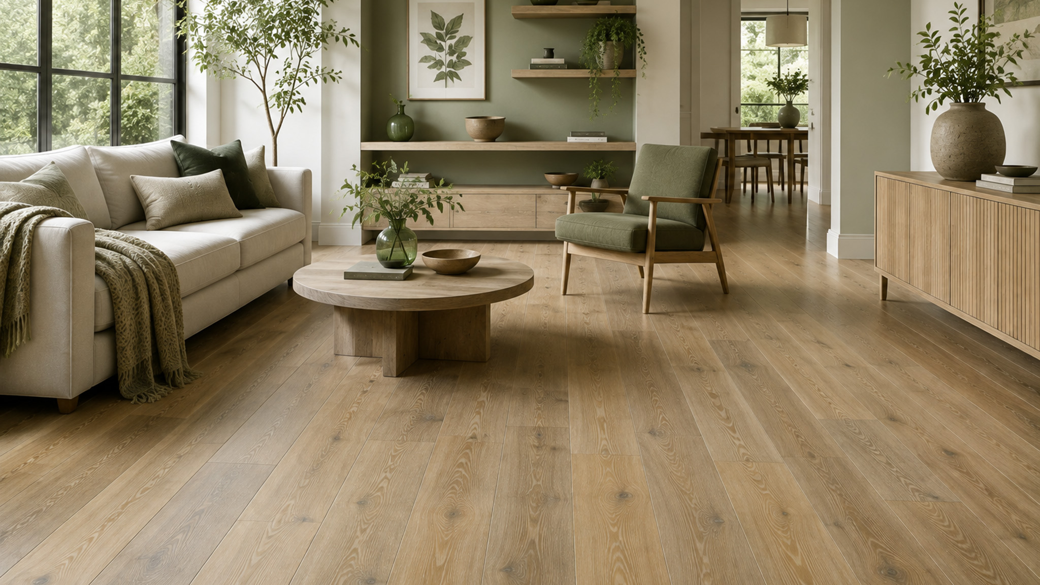green cozy room with laminate flooring